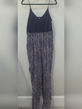 Maeve Navy Spaghetti-Strap Mixed-Print Jumpsuit